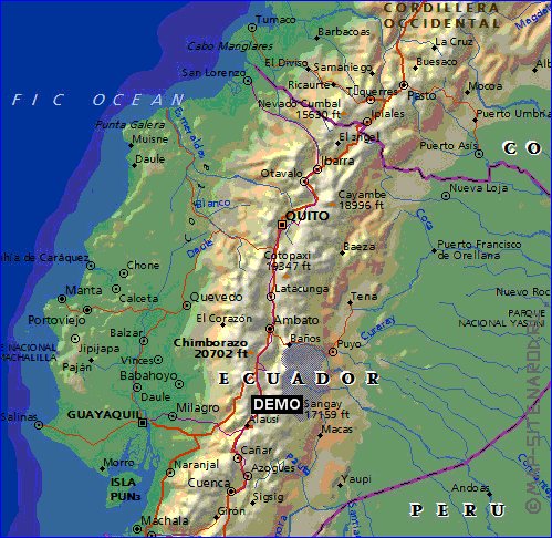Physique carte de Equateur en anglais