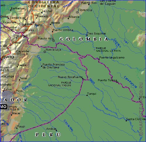 Physique carte de Equateur en anglais