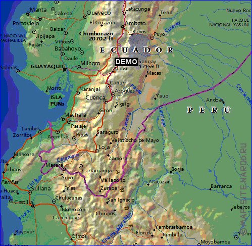 Physique carte de Equateur en anglais