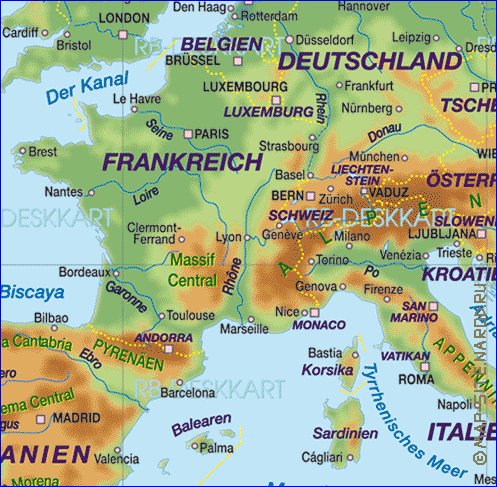 Physique carte de Europe en allemand